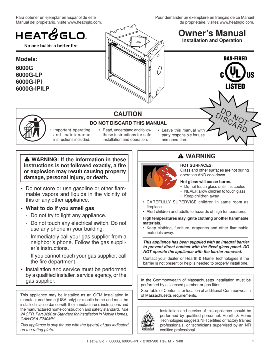 Heat & Glo LifeStyle 6000G-IPILP, 6000G-LP owner manual What to do if you smell gas, Hot glass will cause burns 