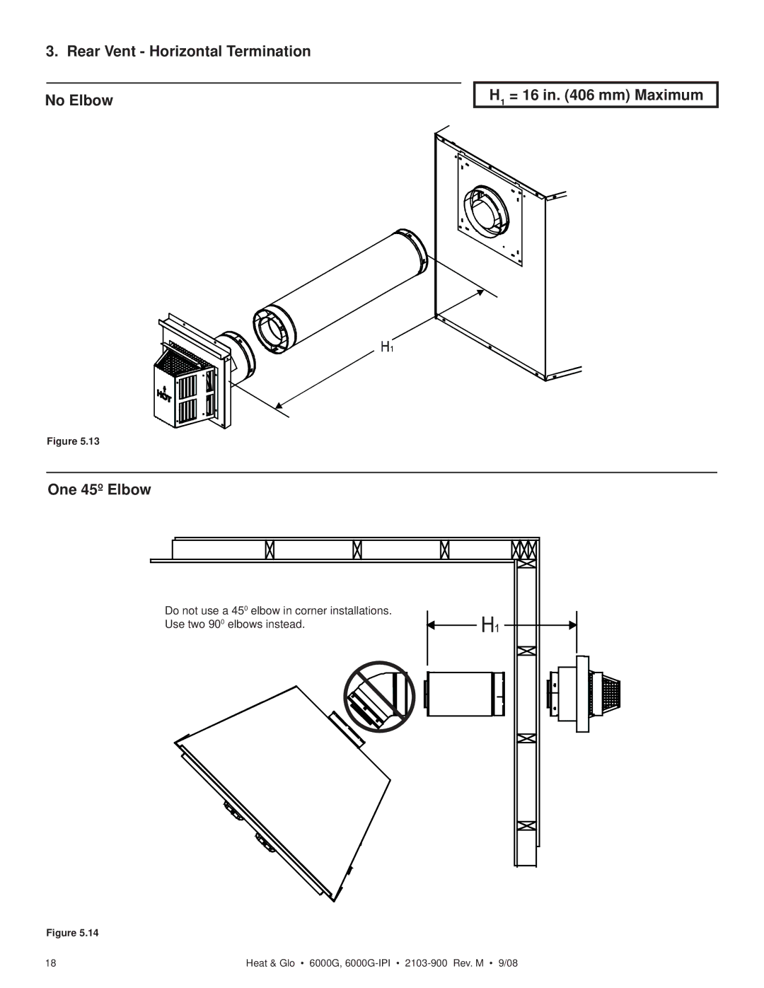 Heat & Glo LifeStyle 6000G-LP, 6000G-IPILP owner manual Rear Vent Horizontal Termination, H1 = 16 in mm Maximum 