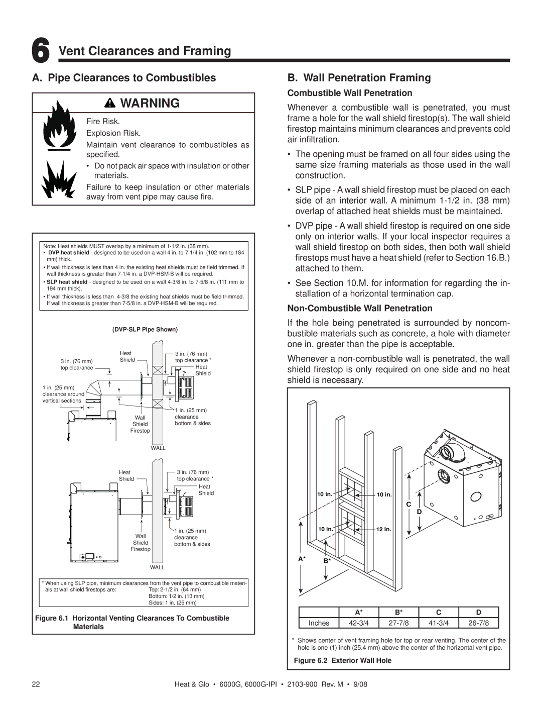 Heat & Glo LifeStyle 6000G-IPI Vent Clearances and Framing, Pipe Clearances to Combustibles, Wall Penetration Framing 