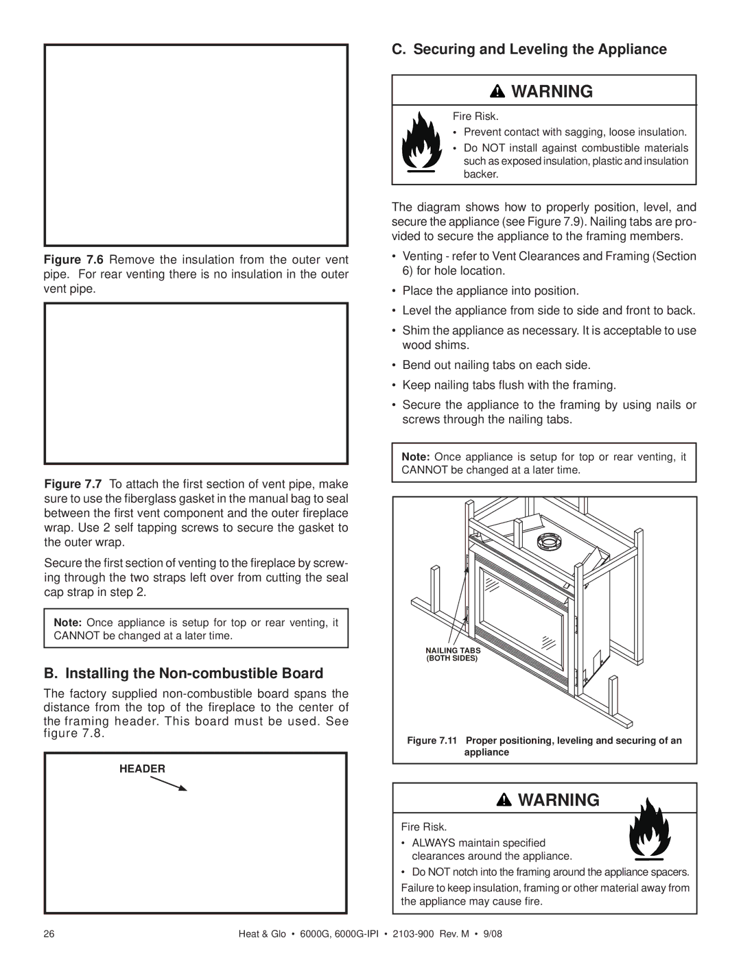 Heat & Glo LifeStyle 6000G-IPI, 6000G-LP Installing the Non-combustible Board, Securing and Leveling the Appliance 