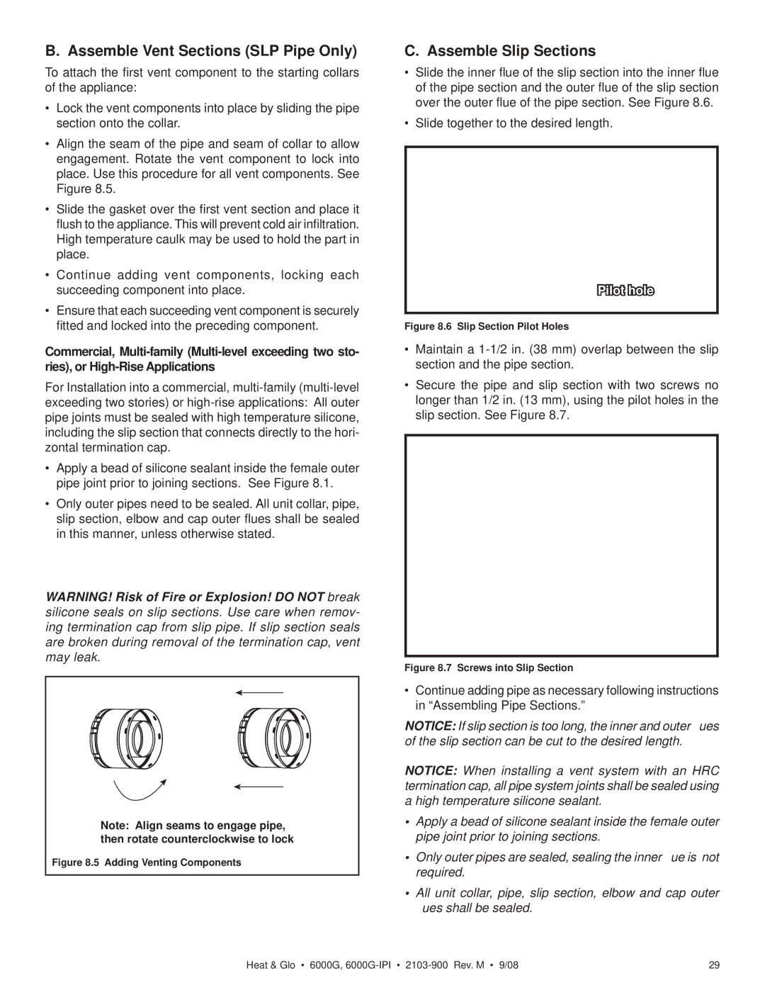 Heat & Glo LifeStyle 6000G-IPILP, 6000G-LP owner manual Assemble Vent Sections SLP Pipe Only, Assemble Slip Sections 