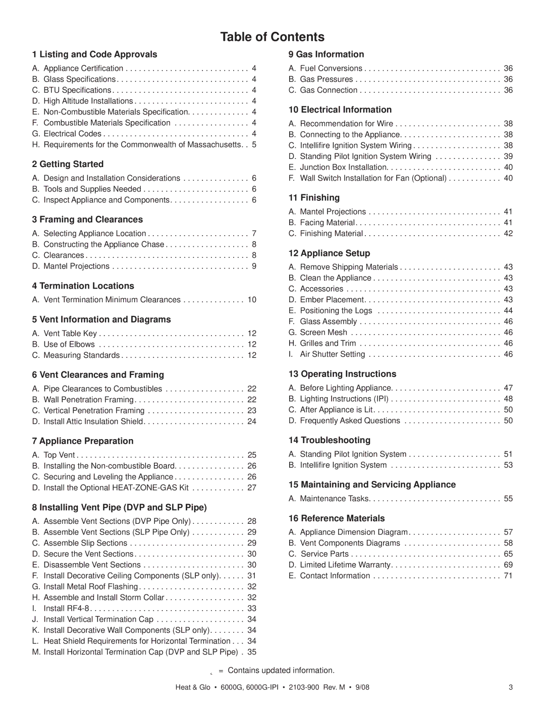 Heat & Glo LifeStyle 6000G-LP, 6000G-IPILP owner manual Table of Contents 