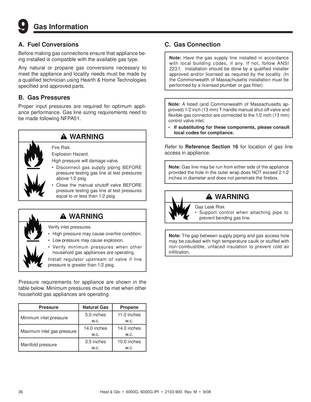 Heat & Glo LifeStyle 6000G-LP, 6000G-IPILP owner manual Gas Information, Fuel Conversions Gas Connection, Gas Pressures 