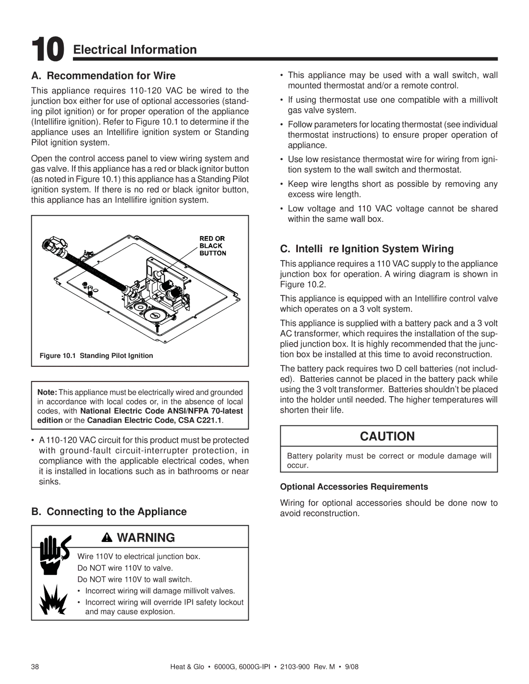 Heat & Glo LifeStyle 6000G-IPI Electrical Information, Recommendation for Wire, Intelliﬁre Ignition System Wiring 