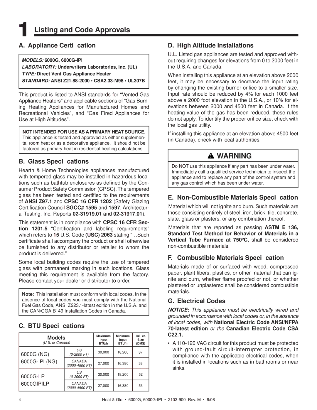 Heat & Glo LifeStyle 6000G-LP, 6000G-IPILP owner manual Listing and Code Approvals 