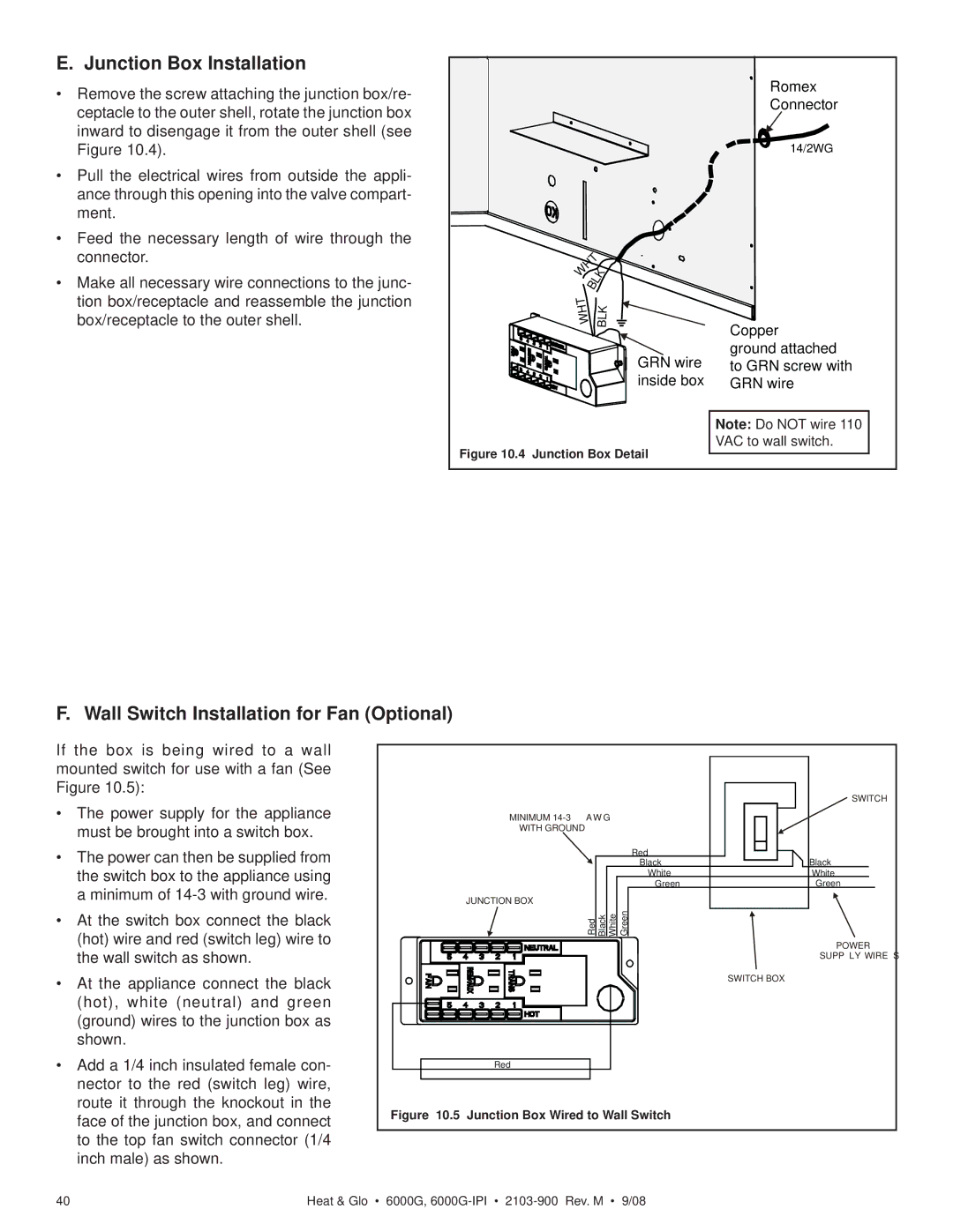 Heat & Glo LifeStyle 6000G-LP Junction Box Installation, Wall Switch Installation for Fan Optional, VAC to wall switch 