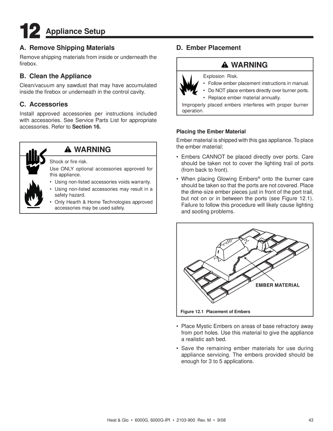 Heat & Glo LifeStyle 6000G Appliance Setup, Remove Shipping Materials, Clean the Appliance, Accessories, Ember Placement 