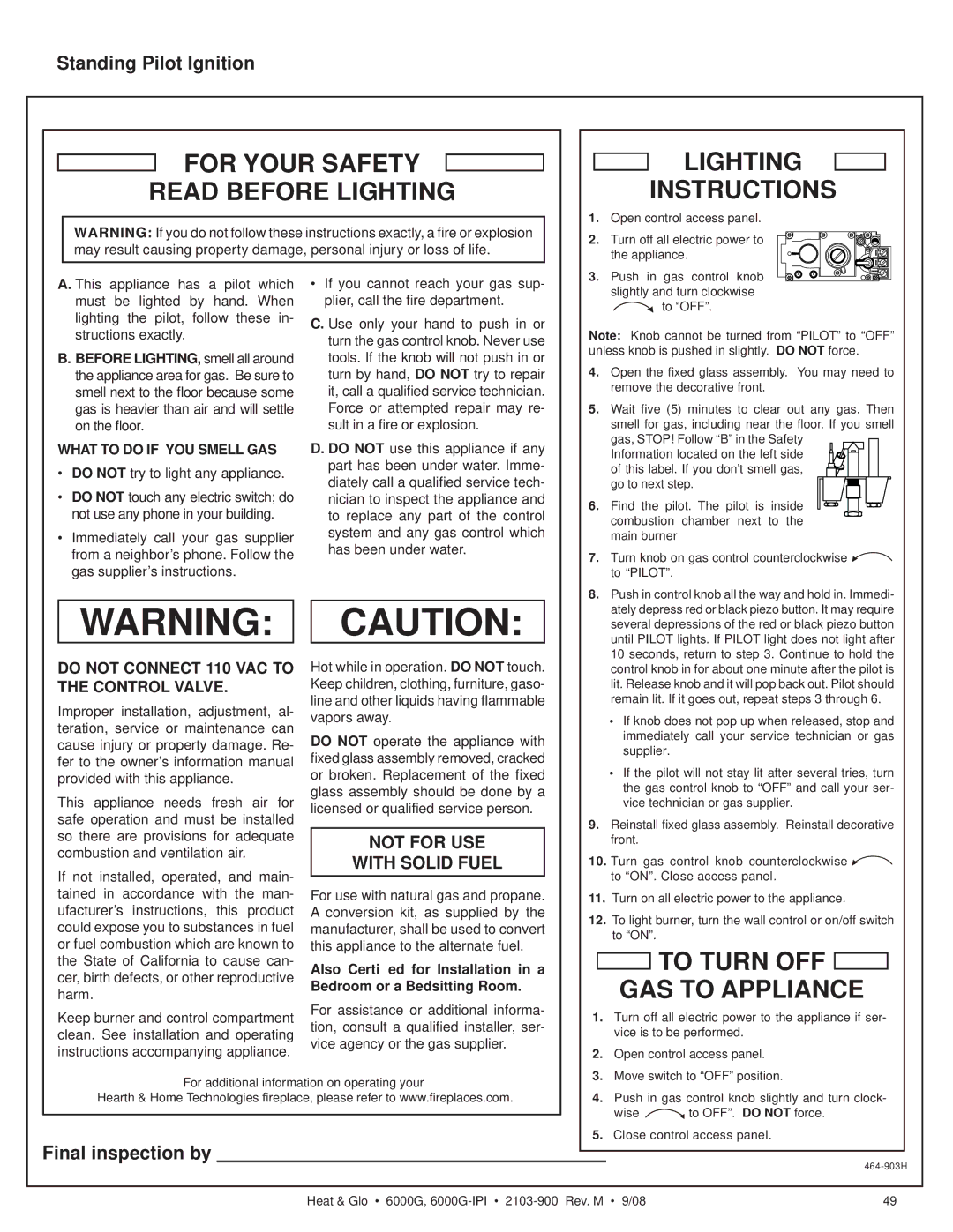 Heat & Glo LifeStyle 6000G-IPILP For Your Safety Read Before Lighting Lighting Instructions, Standing Pilot Ignition 