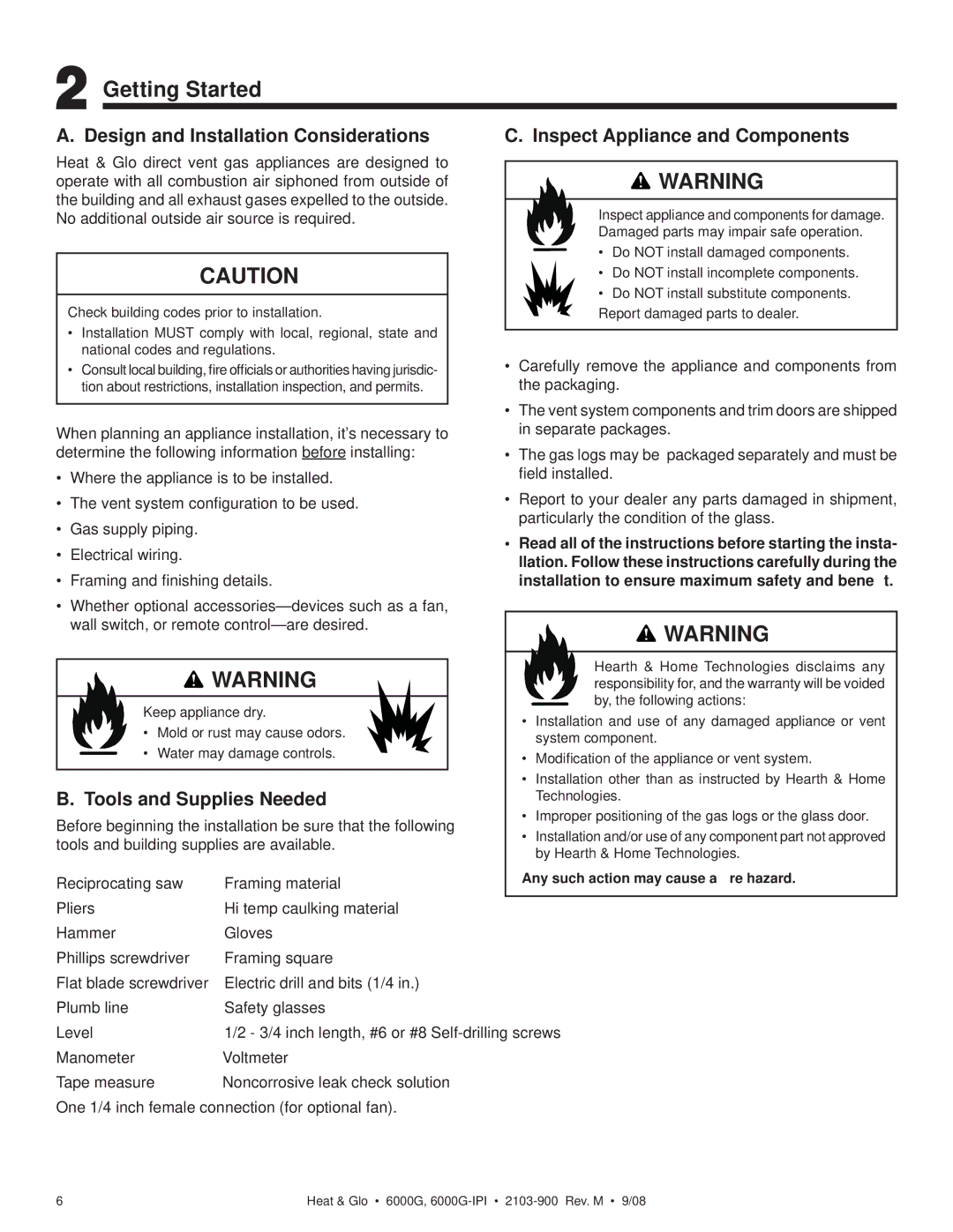 Heat & Glo LifeStyle 6000G-LP, 6000G-IPILP owner manual Getting Started, Tools and Supplies Needed 