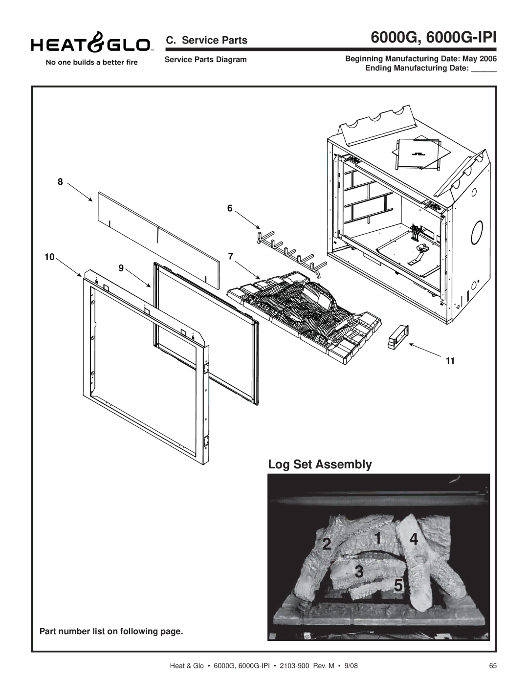 Heat & Glo LifeStyle 6000G-IPILP, 6000G-LP owner manual Log Set Assembly, Service Parts, Part number list on following 