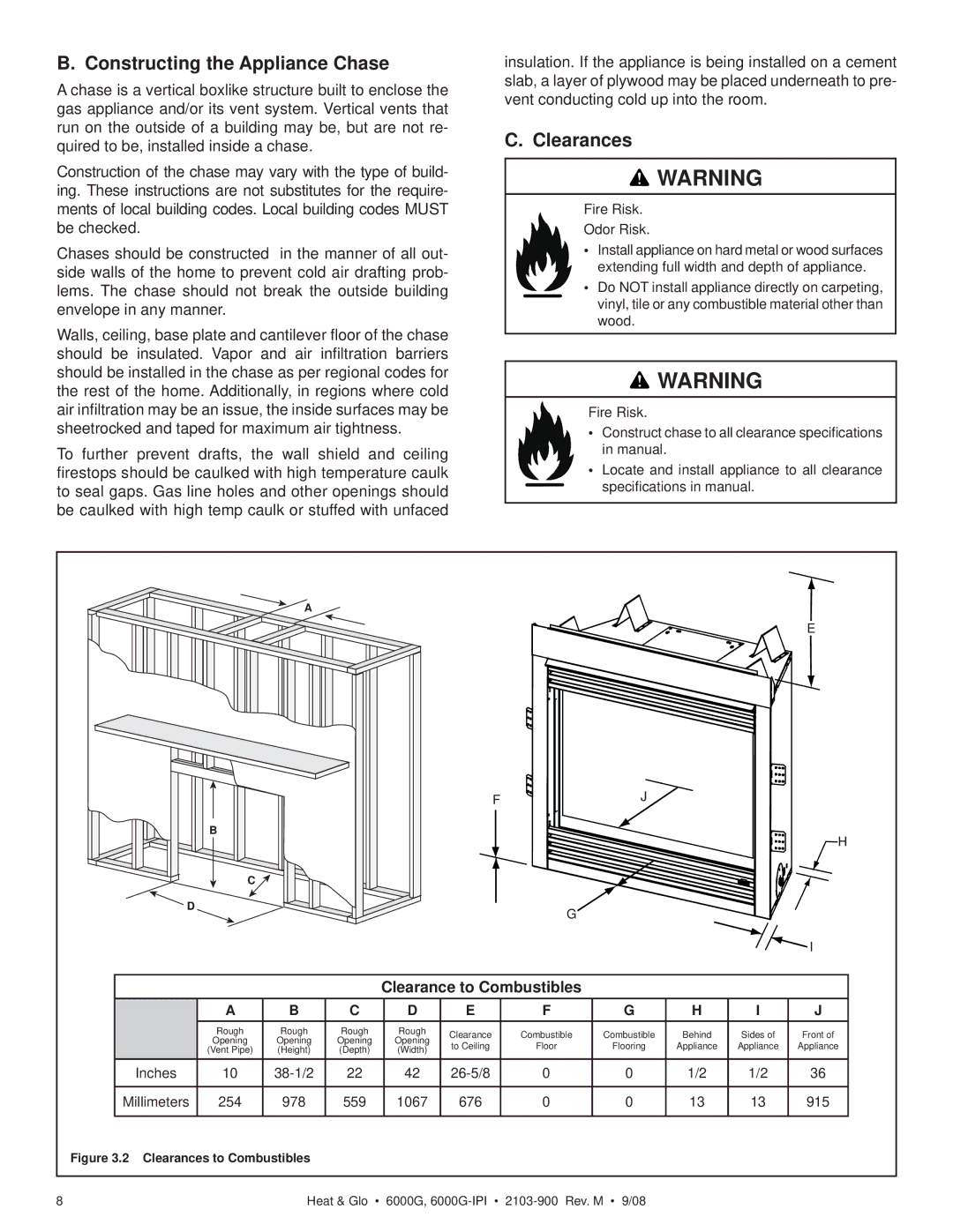 Heat & Glo LifeStyle 6000G-LP, 6000G-IPILP Constructing the Appliance Chase, Clearances, Clearance to Combustibles 