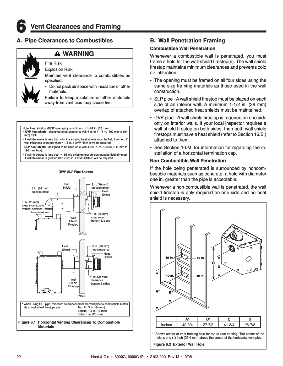 Heat & Glo LifeStyle 6000G-LP, 6000G-IPILP owner manual Vent Clearances and Framing, A. Pipe Clearances to Combustibles 