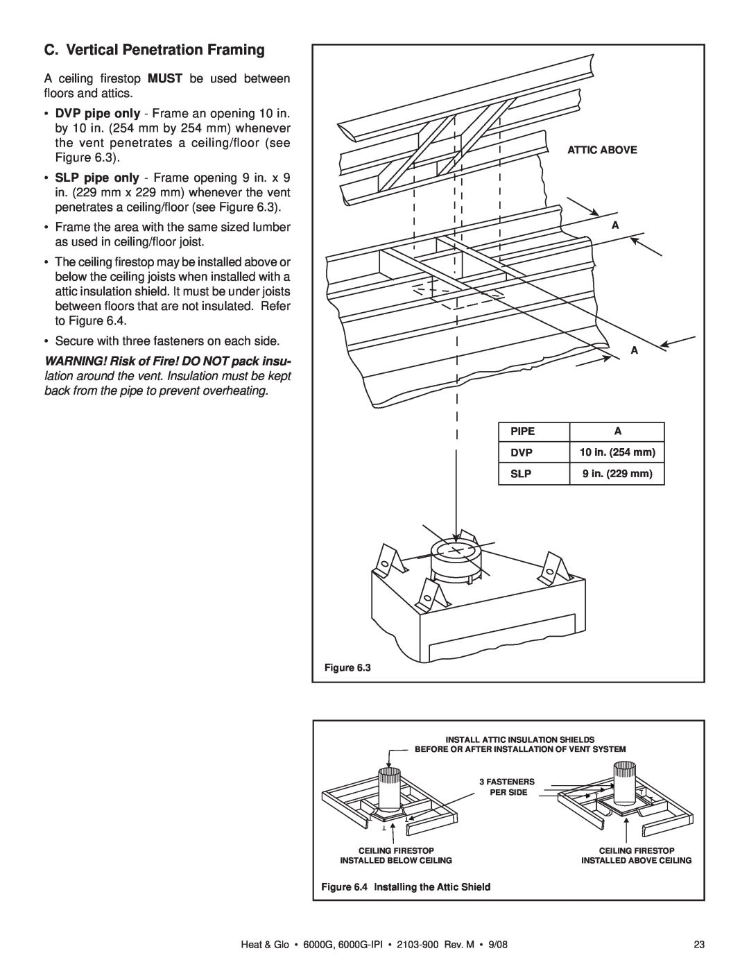 Heat & Glo LifeStyle 6000G-LP, 6000G-IPILP owner manual C. Vertical Penetration Framing 