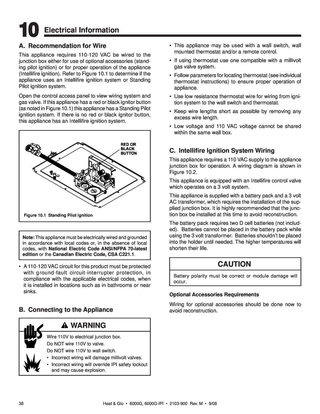 Heat & Glo LifeStyle 6000G-IPI Electrical Information, A. Recommendation for Wire, C. Intelliﬁre Ignition System Wiring 