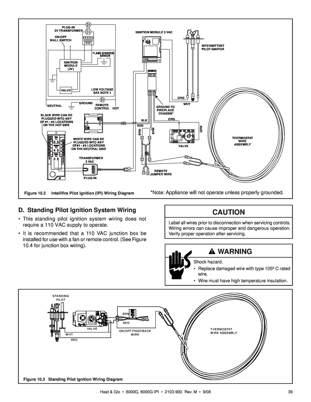 Heat & Glo LifeStyle 6000G-LP, 6000G-IPILP owner manual D. Standing Pilot Ignition System Wiring, Shock hazard 