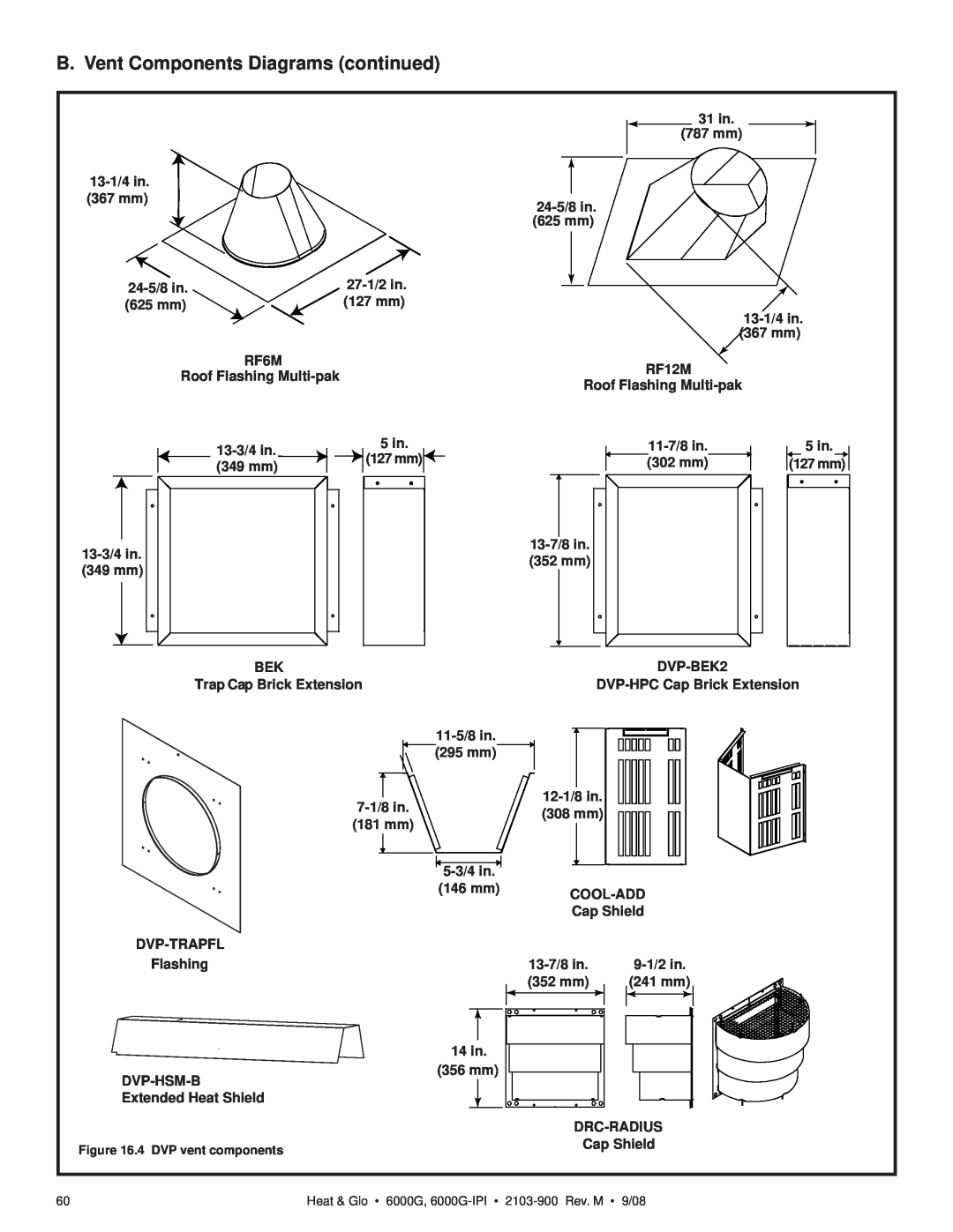 Heat & Glo LifeStyle 6000G-LP B. Vent Components Diagrams continued, 31 in, 787 mm, 13-1/4in, 367 mm, 24-5/8in, 625 mm 
