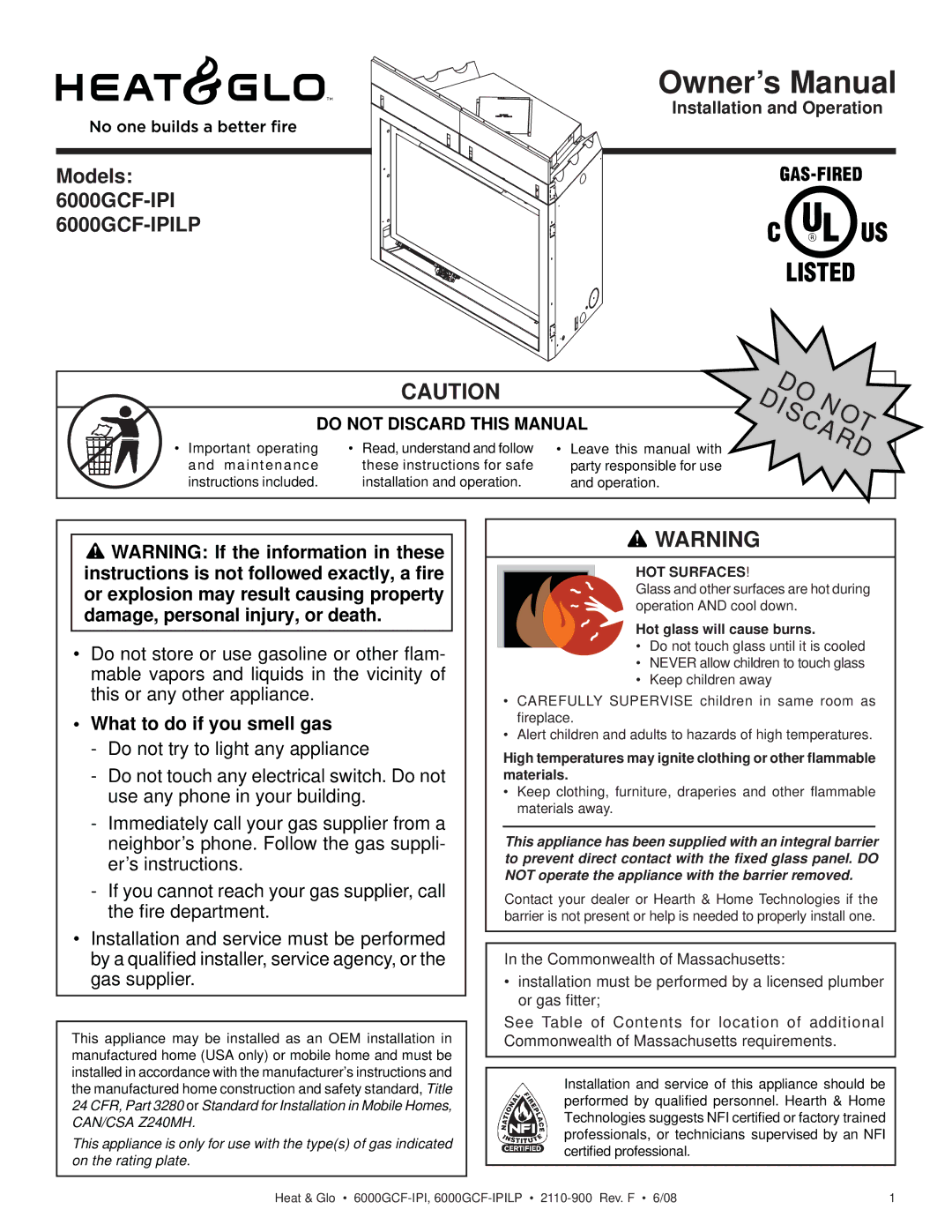 Heat & Glo LifeStyle owner manual Models 6000GCF-IPI6000GCF-IPILP, Hot glass will cause burns 