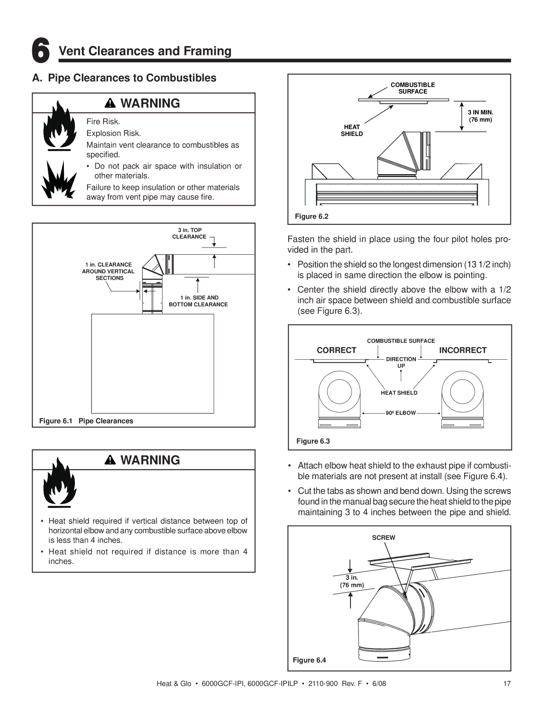 Heat & Glo LifeStyle 6000GCF-IPILP owner manual Vent Clearances and Framing, Pipe Clearances to Combustibles 