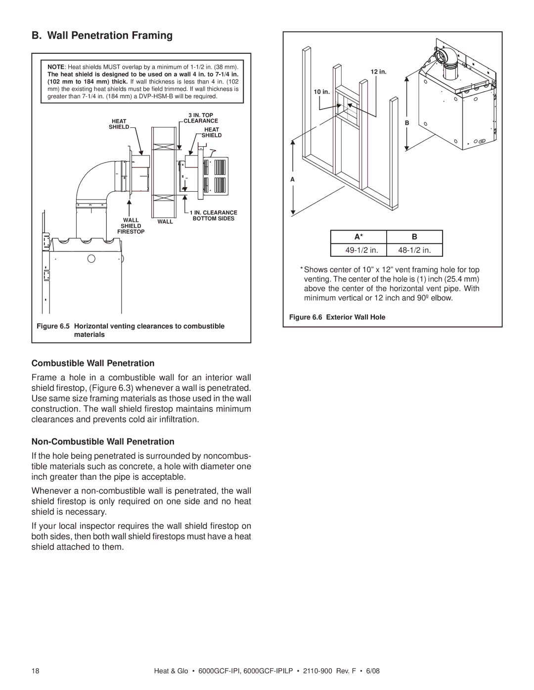 Heat & Glo LifeStyle 6000GCF-IPILP owner manual Wall Penetration Framing, Combustible Wall Penetration 