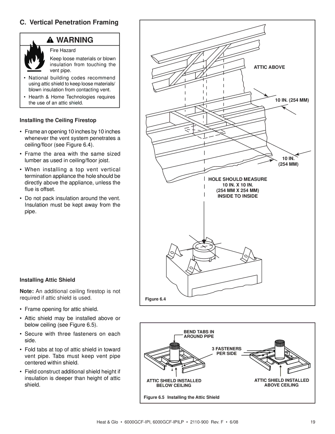 Heat & Glo LifeStyle 6000GCF-IPI Vertical Penetration Framing, Installing the Ceiling Firestop, Installing Attic Shield 