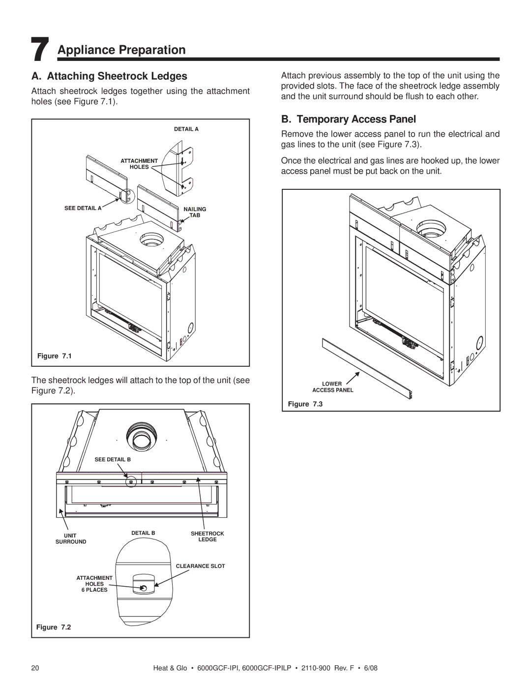 Heat & Glo LifeStyle 6000GCF-IPILP owner manual Appliance Preparation, Attaching Sheetrock Ledges, Temporary Access Panel 