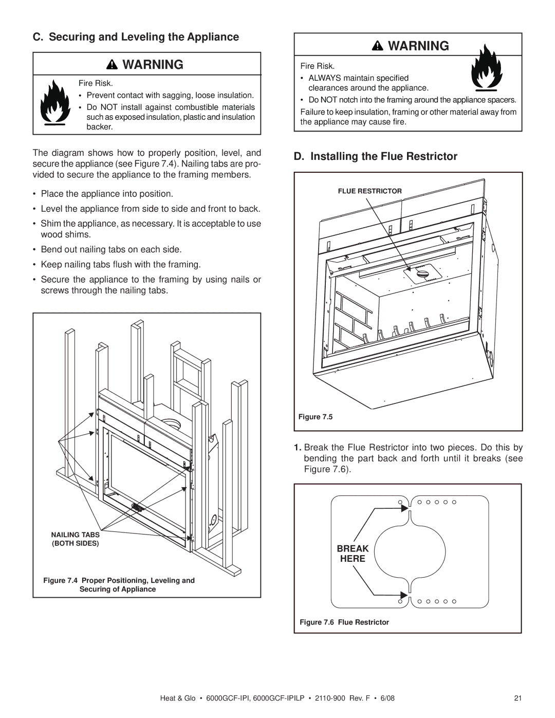 Heat & Glo LifeStyle 6000GCF-IPILP owner manual Securing and Leveling the Appliance, Installing the Flue Restrictor 