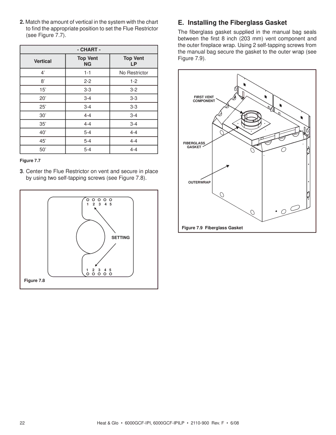 Heat & Glo LifeStyle 6000GCF-IPILP owner manual Installing the Fiberglass Gasket, Vertical Top Vent 