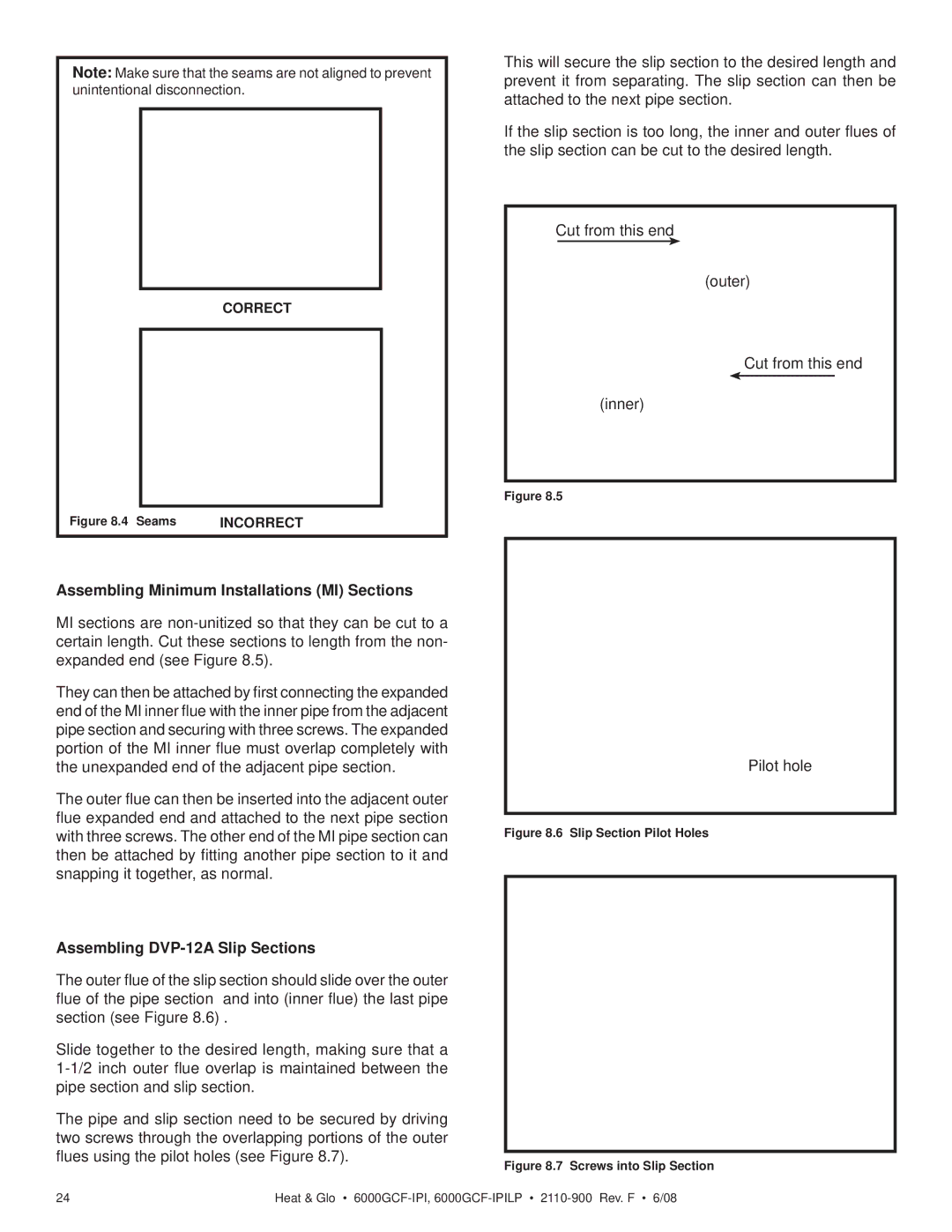 Heat & Glo LifeStyle 6000GCF-IPILP Assembling Minimum Installations MI Sections, Assembling DVP-12A Slip Sections 