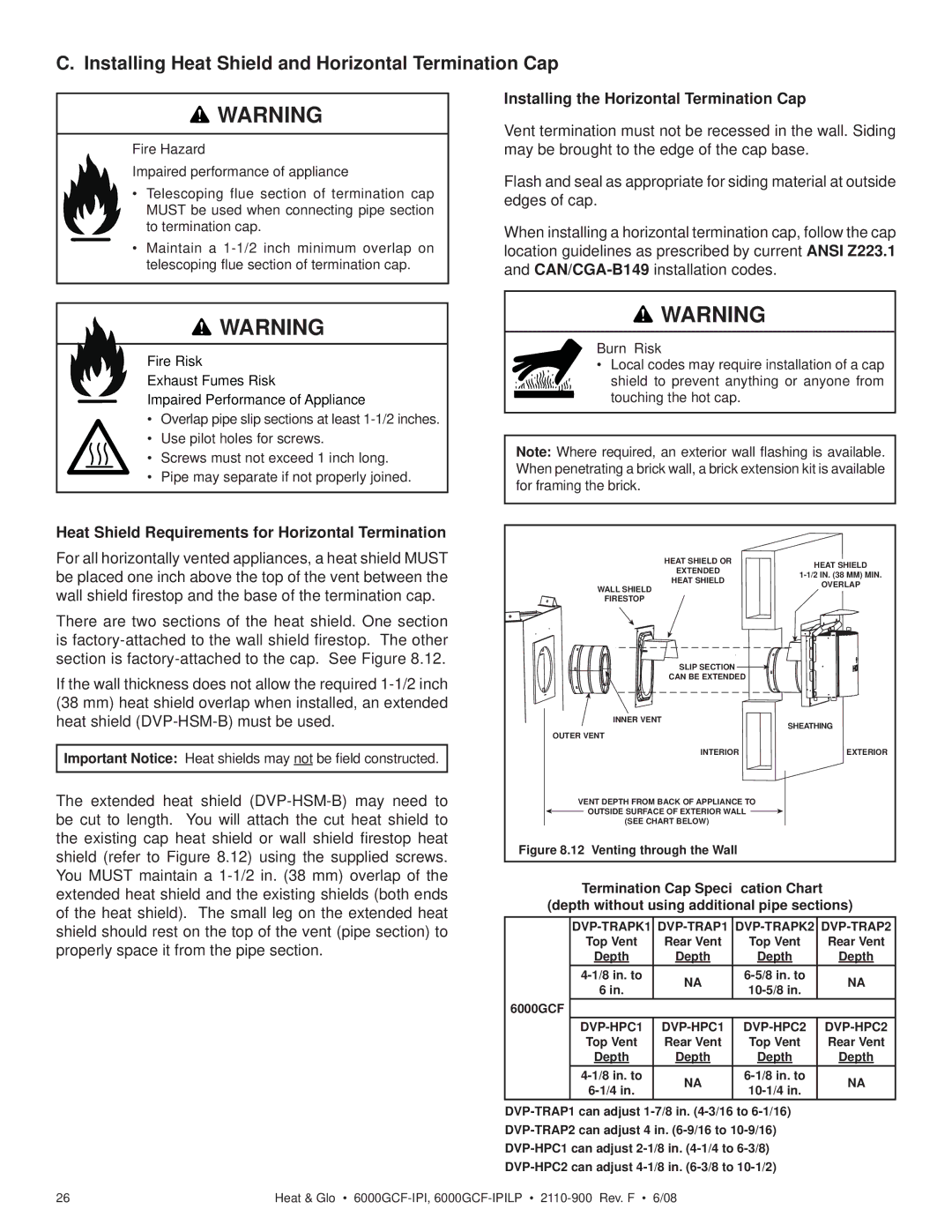 Heat & Glo LifeStyle 6000GCF-IPILP owner manual Installing Heat Shield and Horizontal Termination Cap 