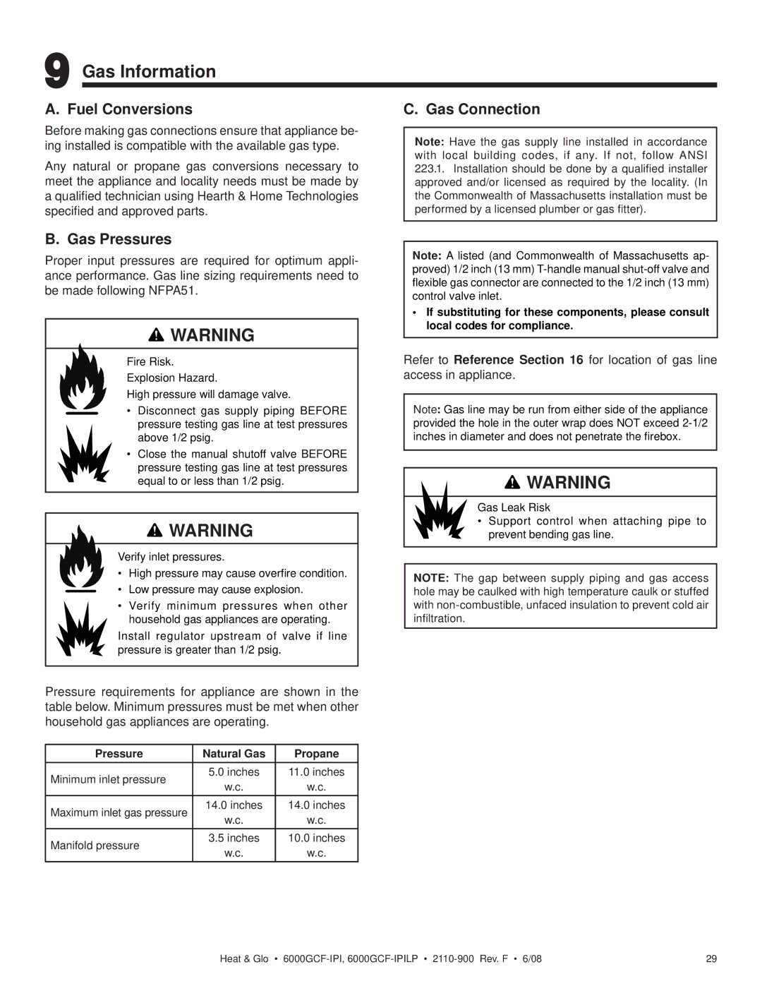 Heat & Glo LifeStyle 6000GCF-IPILP owner manual Gas Information, Fuel Conversions Gas Connection, Gas Pressures 