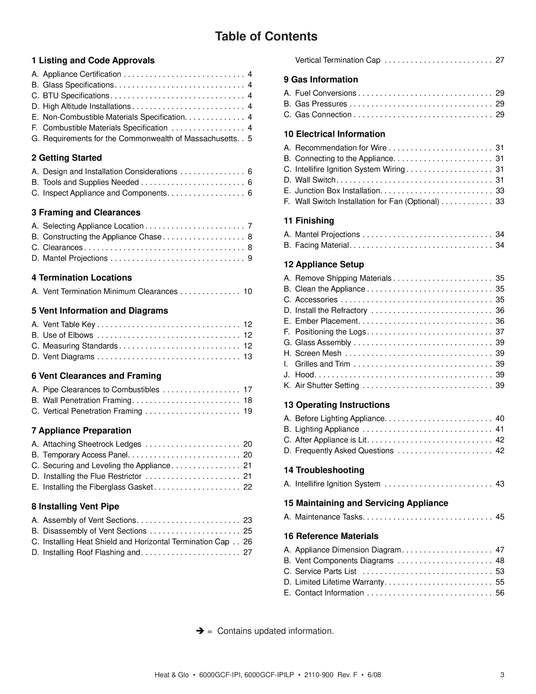 Heat & Glo LifeStyle 6000GCF-IPILP owner manual Table of Contents 