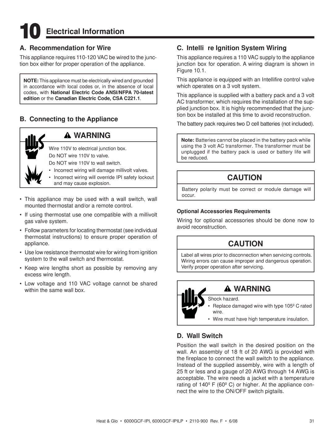 Heat & Glo LifeStyle 6000GCF-IPILP owner manual Electrical Information, Recommendation for Wire, Wall Switch 