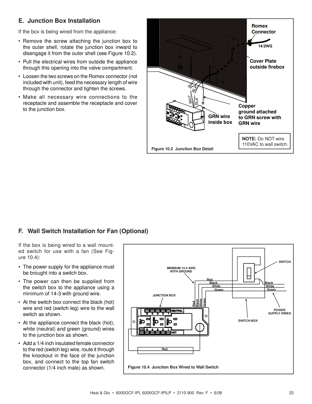 Heat & Glo LifeStyle 6000GCF-IPILP owner manual Junction Box Installation, Wall Switch Installation for Fan Optional 