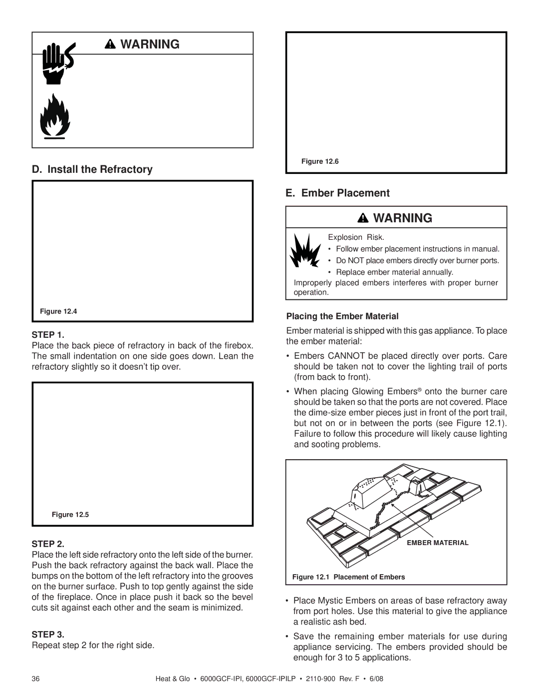 Heat & Glo LifeStyle 6000GCF-IPILP owner manual Install the Refractory, Ember Placement, Placing the Ember Material 