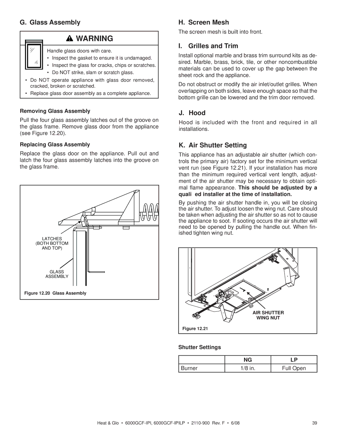 Heat & Glo LifeStyle 6000GCF-IPILP owner manual Glass Assembly, Screen Mesh, Grilles and Trim, Hood, Air Shutter Setting 