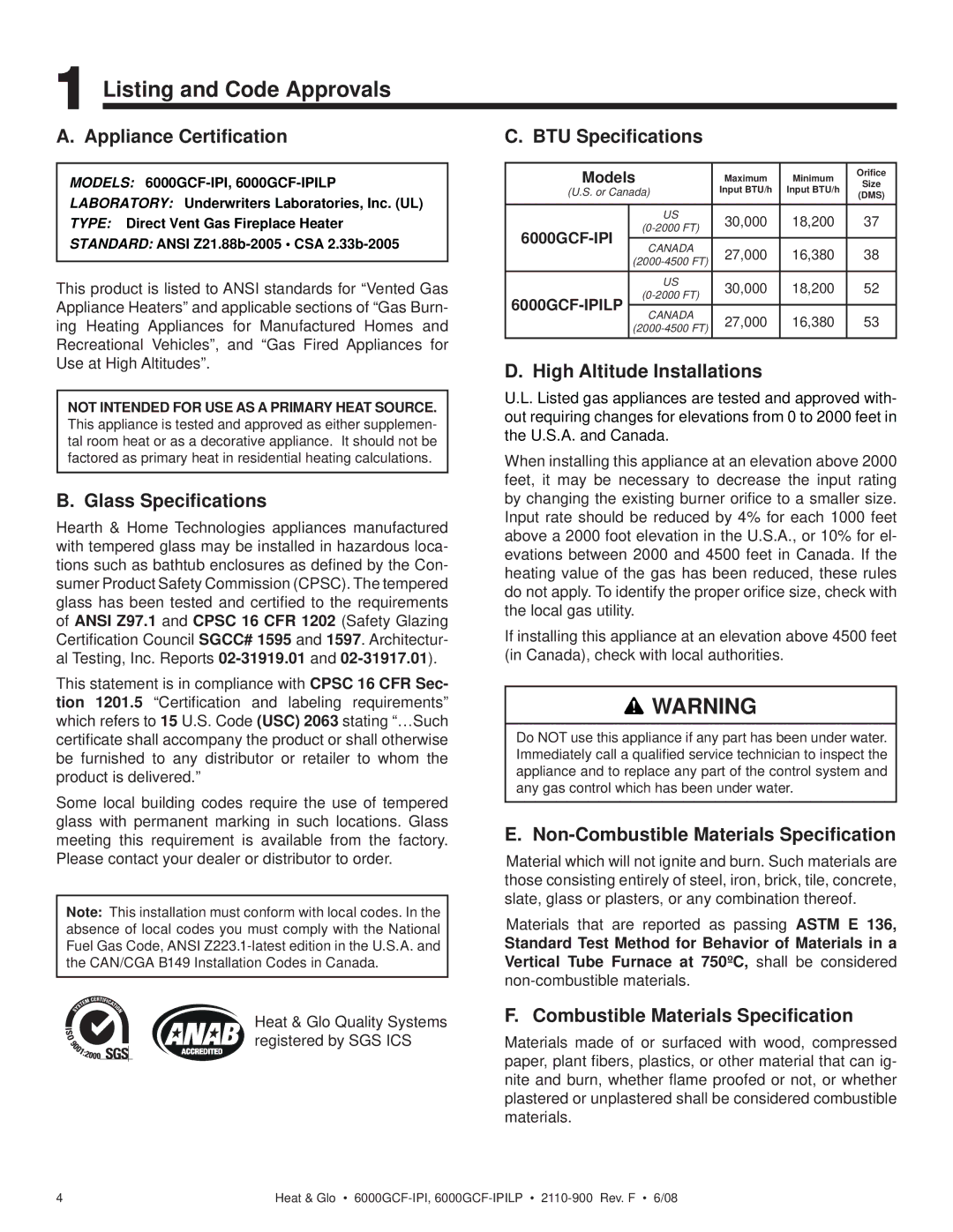 Heat & Glo LifeStyle 6000GCF-IPILP owner manual Listing and Code Approvals 