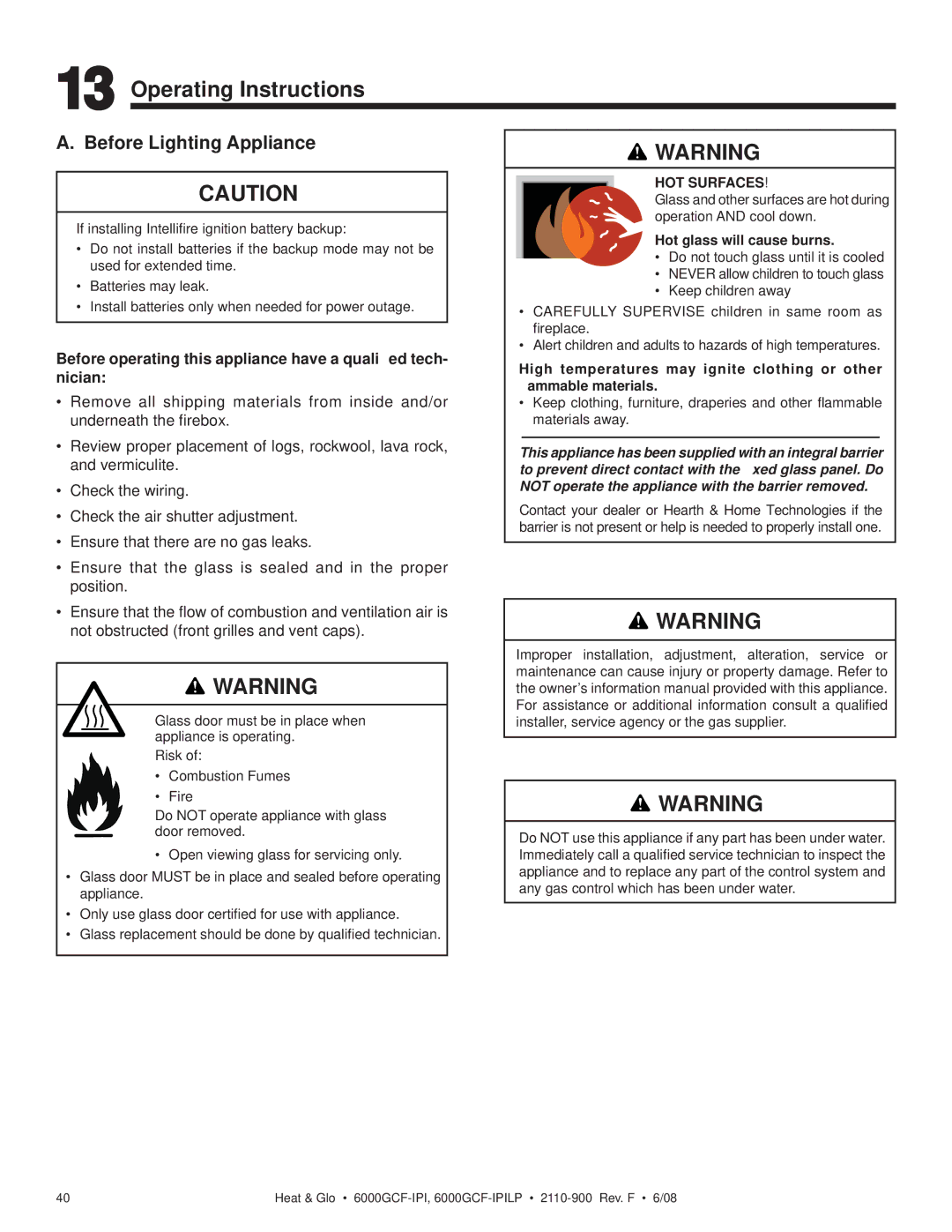 Heat & Glo LifeStyle 6000GCF-IPILP owner manual Operating Instructions, Before Lighting Appliance 