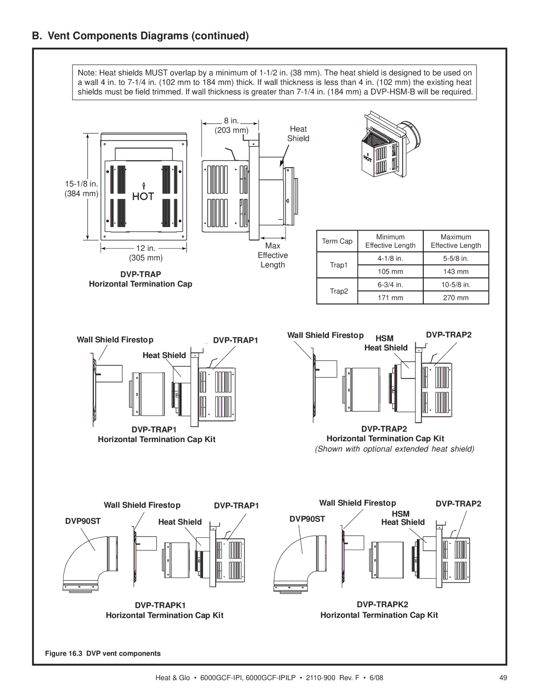 Heat & Glo LifeStyle 6000GCF-IPILP owner manual Horizontal Termination Cap, Wall Shield Firestop, Heat Shield 