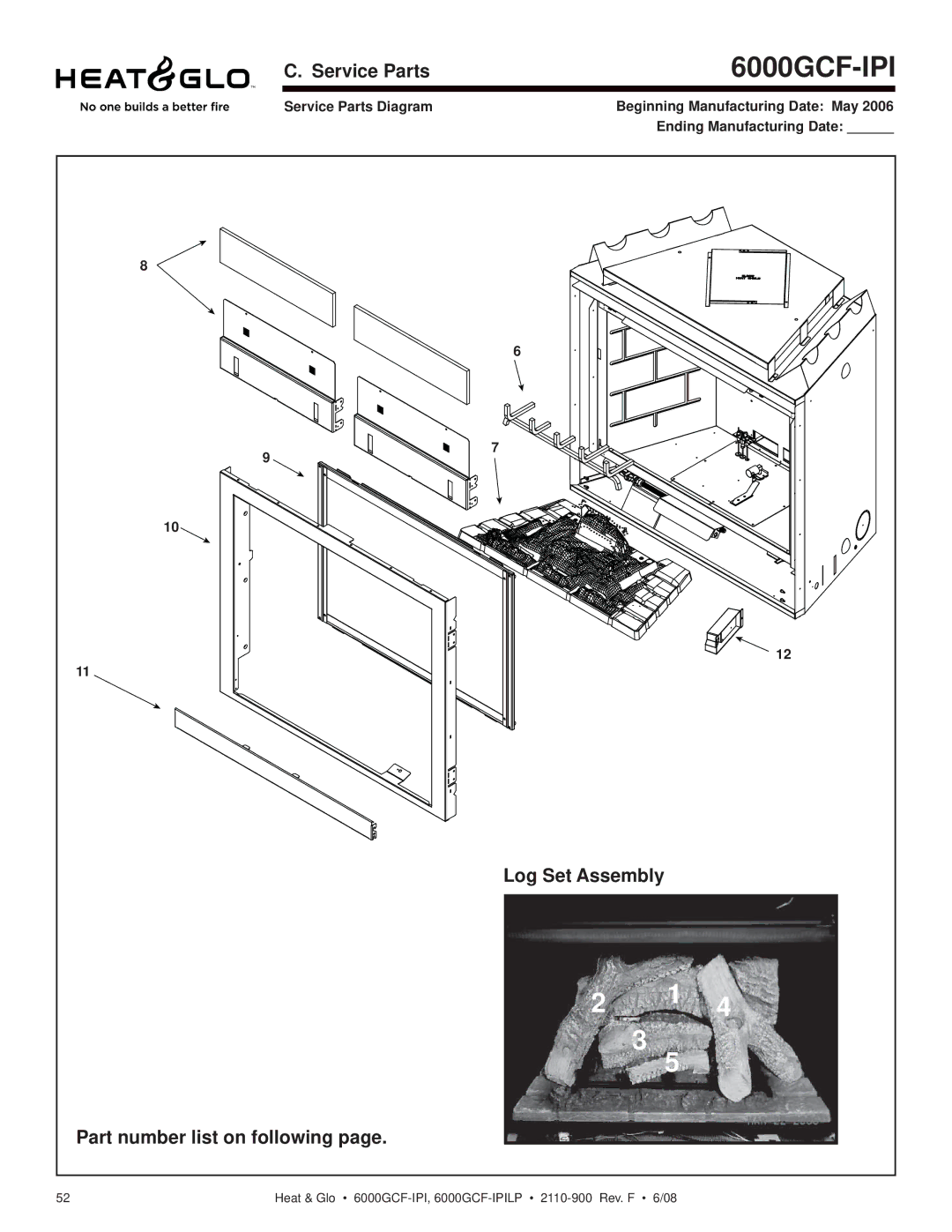 Heat & Glo LifeStyle 6000GCF-IPILP owner manual Service Parts, Log Set Assembly Part number list on following 