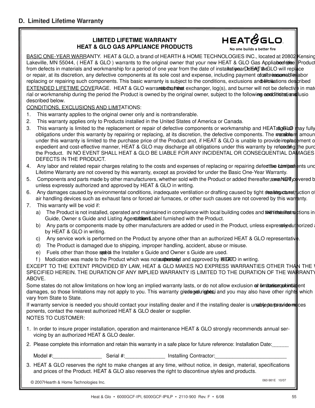 Heat & Glo LifeStyle 6000GCF-IPILP owner manual Limited Lifetime Warranty Heat & GLO GAS Appliance Products 
