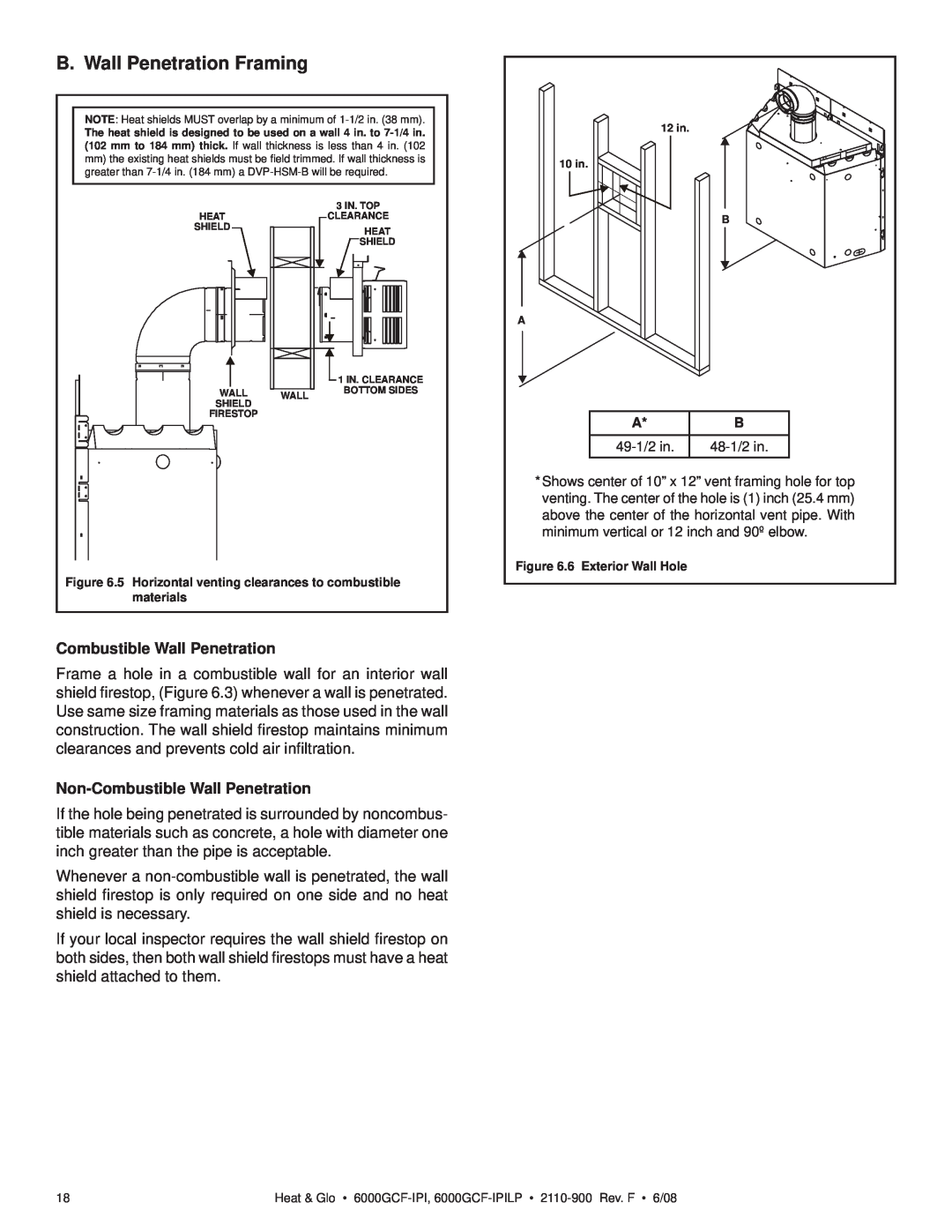 Heat & Glo LifeStyle 6000GCF-IPILP owner manual B. Wall Penetration Framing, Combustible Wall Penetration 