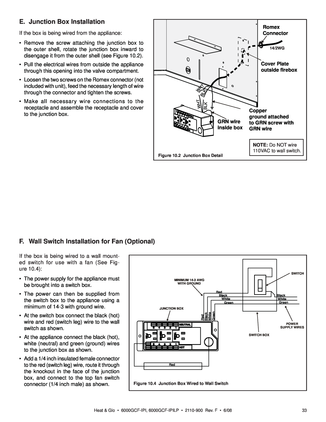 Heat & Glo LifeStyle 6000GCF-IPI E. Junction Box Installation, F. Wall Switch Installation for Fan Optional, Romex, Copper 