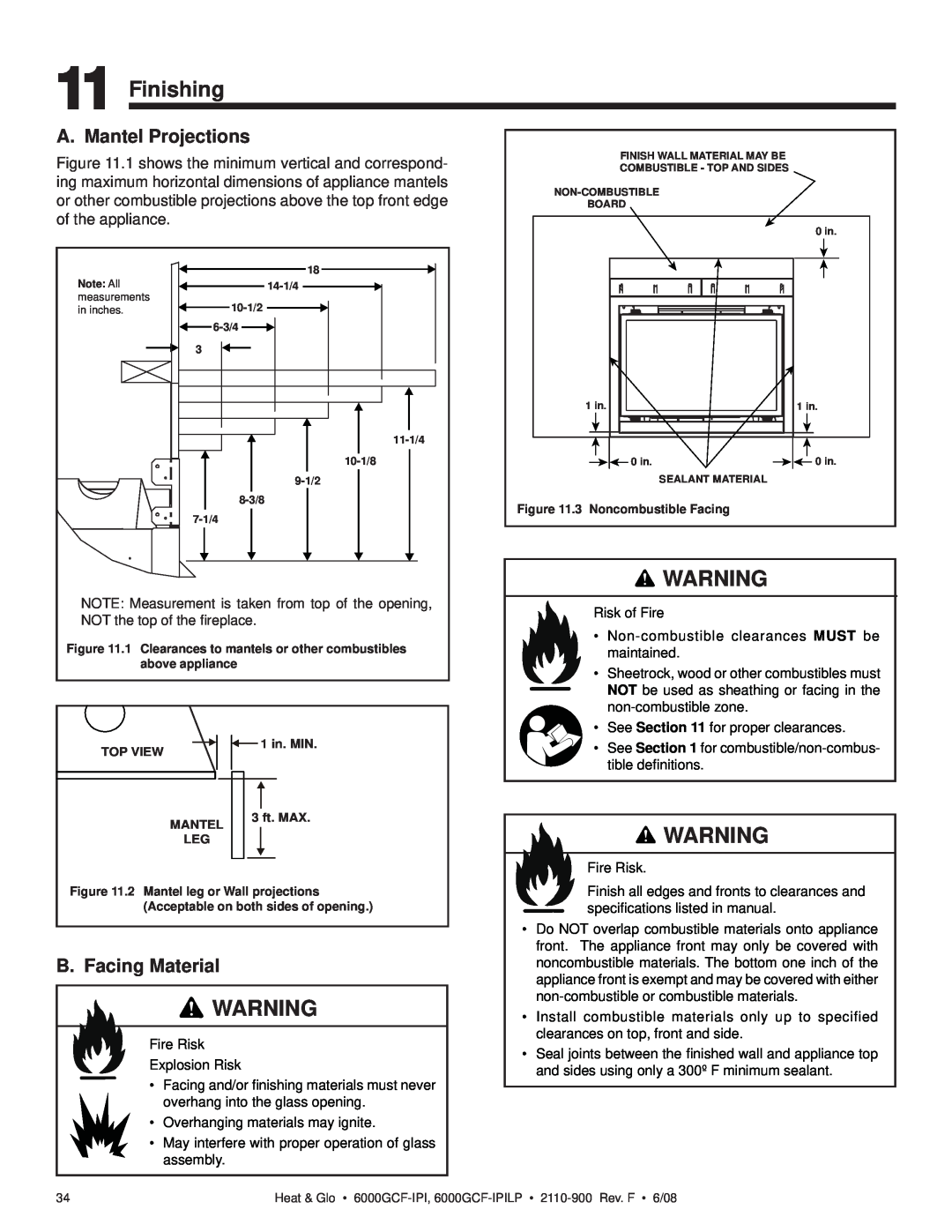 Heat & Glo LifeStyle 6000GCF-IPILP owner manual Finishing, A. Mantel Projections, B. Facing Material 
