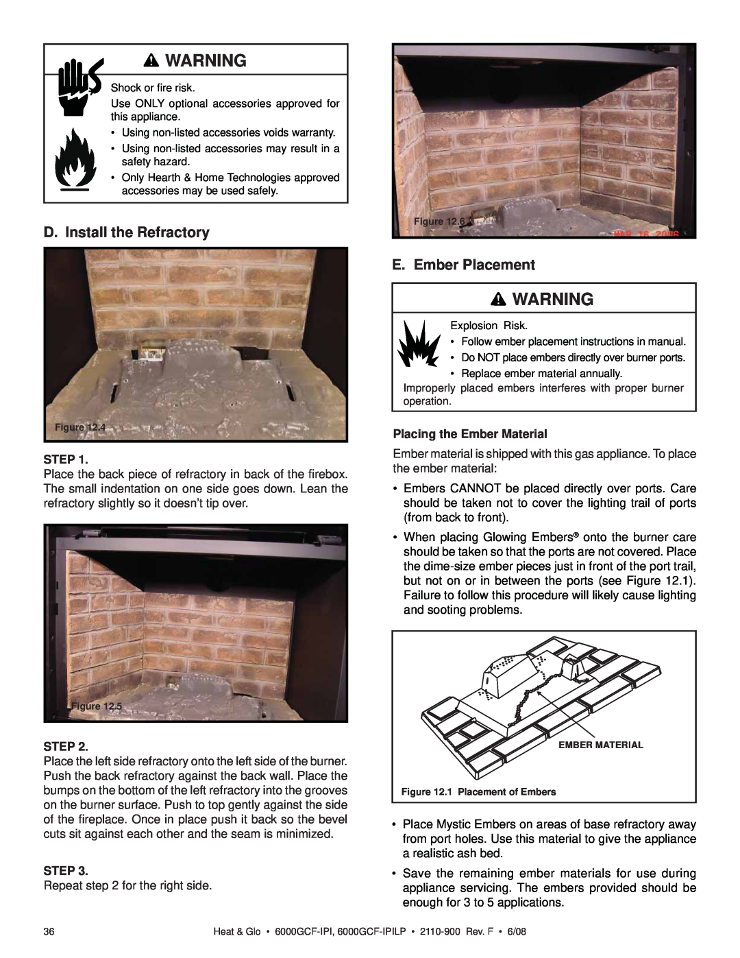 Heat & Glo LifeStyle 6000GCF-IPILP D. Install the Refractory, E. Ember Placement, Step, Placing the Ember Material 