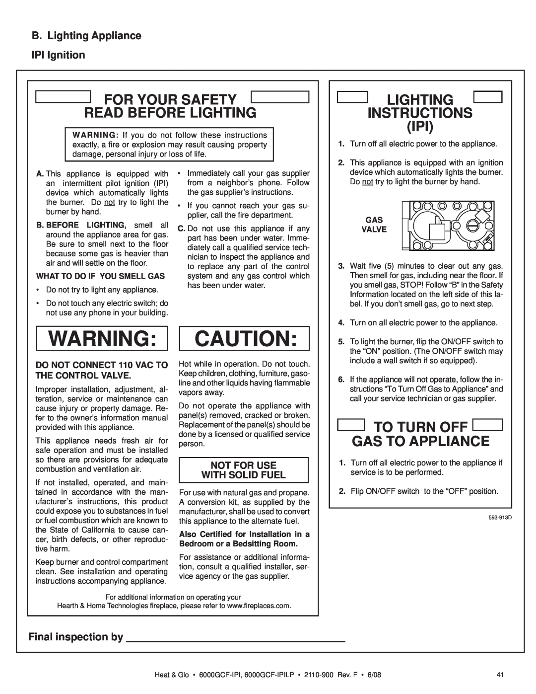 Heat & Glo LifeStyle 6000GCF-IPI For Your Safety Read Before Lighting, Lighting Instructions Ipi, Final inspection by 