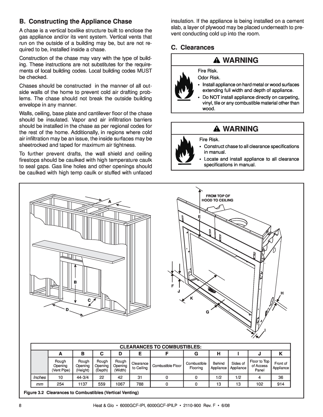 Heat & Glo LifeStyle 6000GCF-IPILP owner manual B. Constructing the Appliance Chase, C. Clearances 