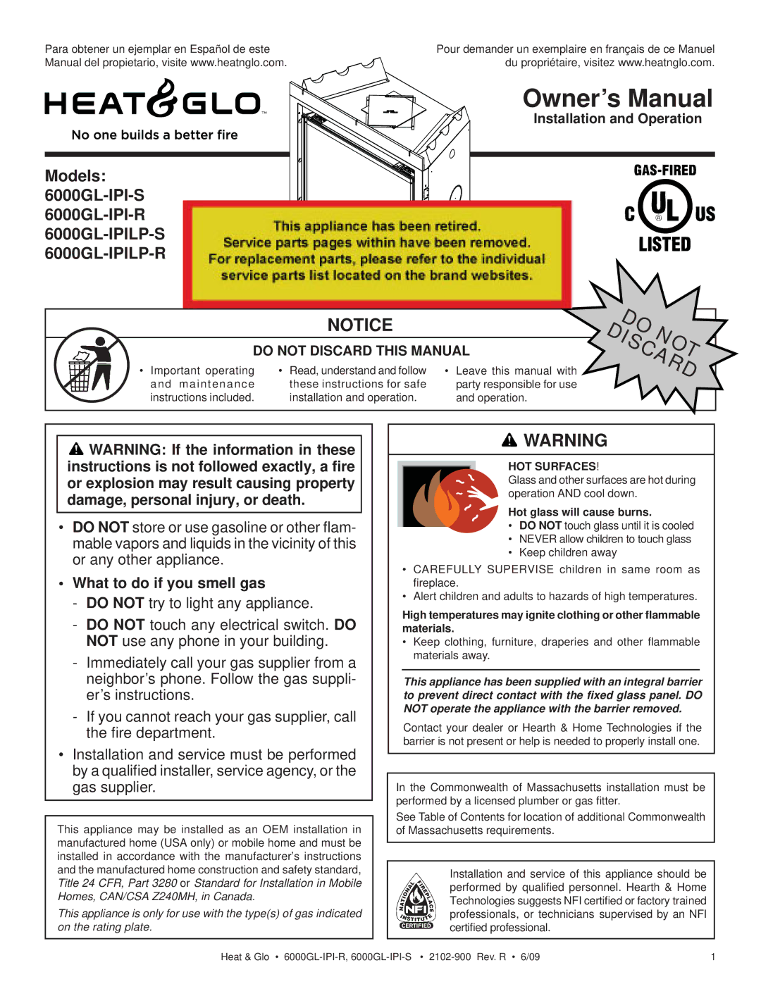 Heat & Glo LifeStyle 6000GL-IPILP-R owner manual What to do if you smell gas, HOT Surfaces, Hot glass will cause burns 