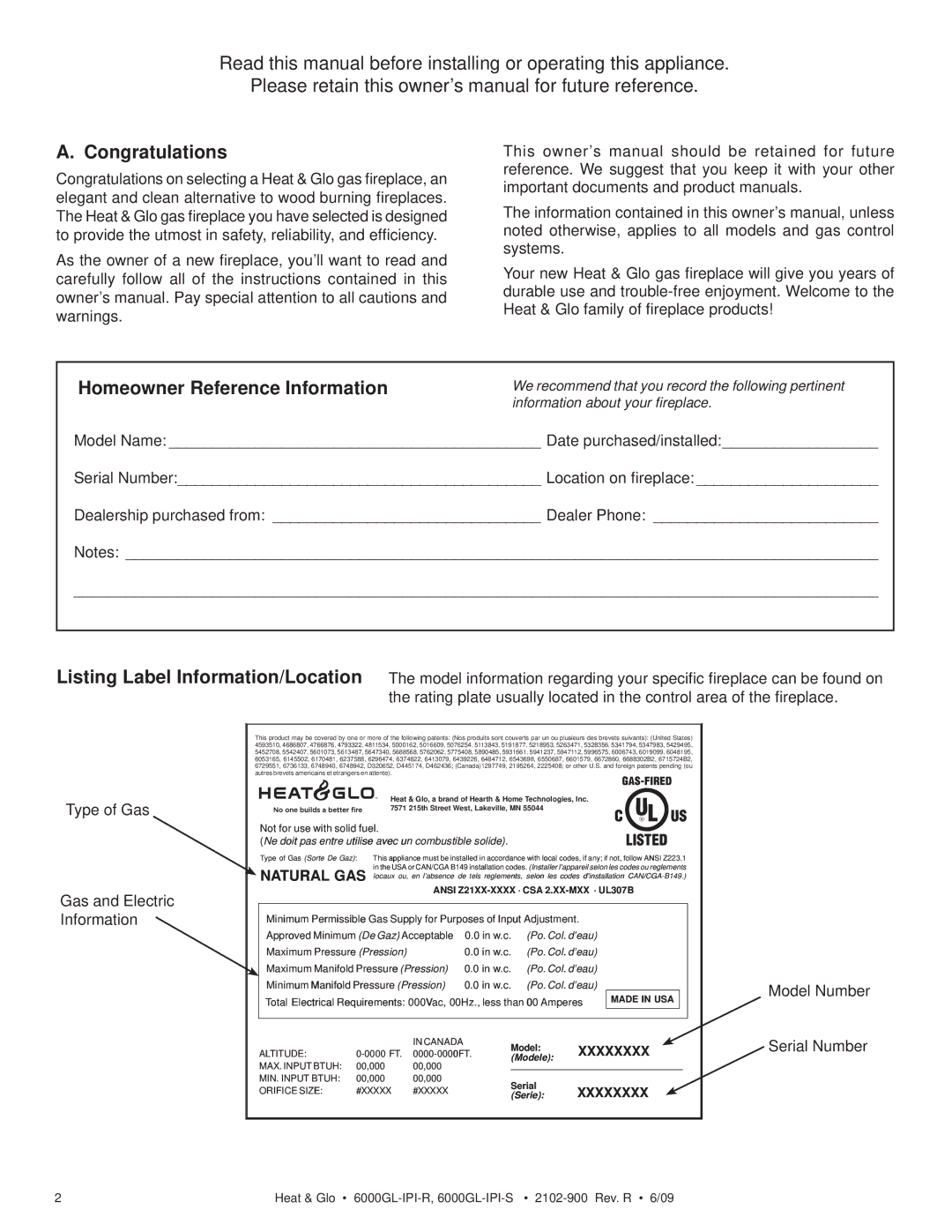 Heat & Glo LifeStyle 6000GL-IPILP-S, 6000GL-IPI-S, 6000GL-IPI-R Congratulations, Homeowner Reference Information, Xxxxxxxx 