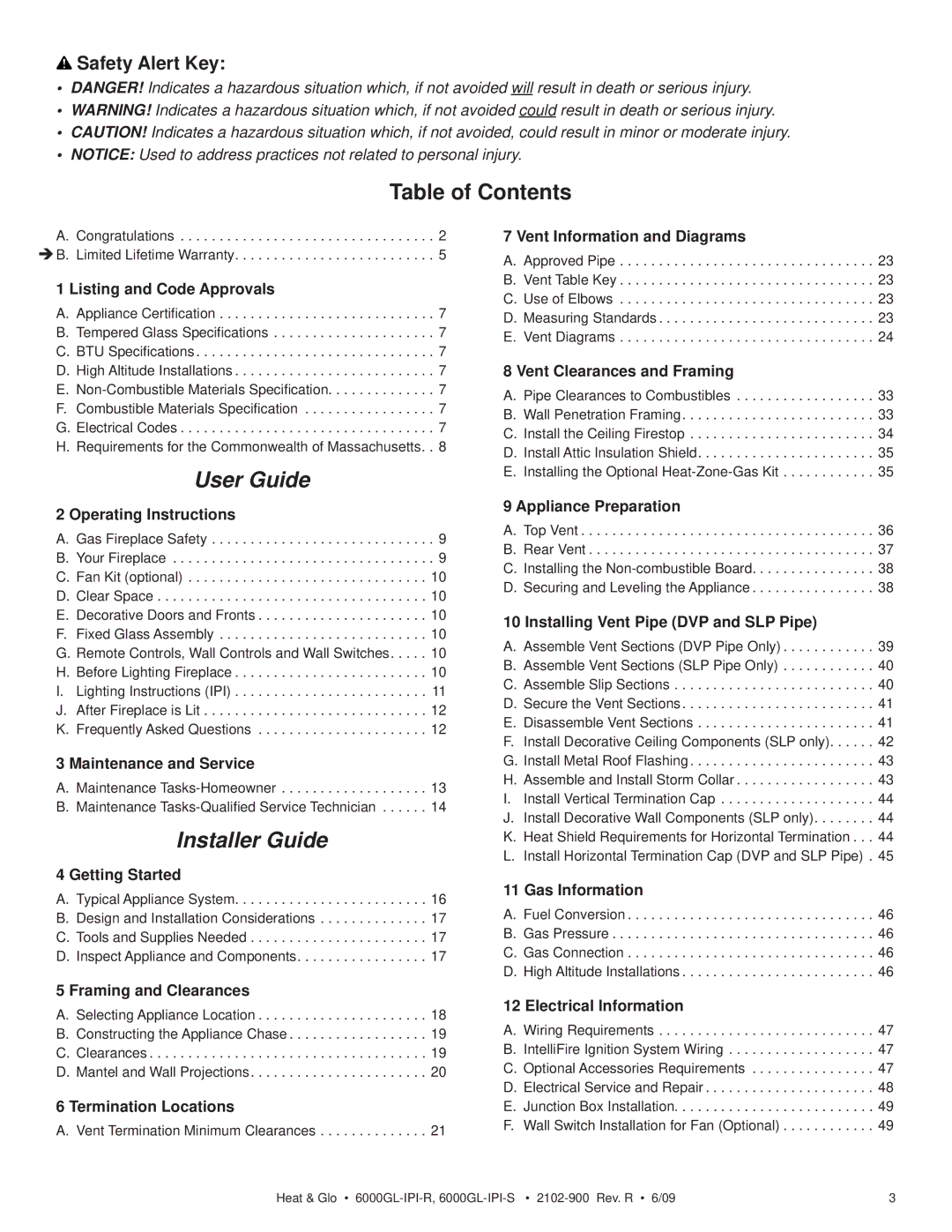 Heat & Glo LifeStyle 6000GL-IPI-R, 6000GL-IPI-S, 6000GL-IPILP-R, 6000GL-IPILP-S owner manual Table of Contents, User Guide 