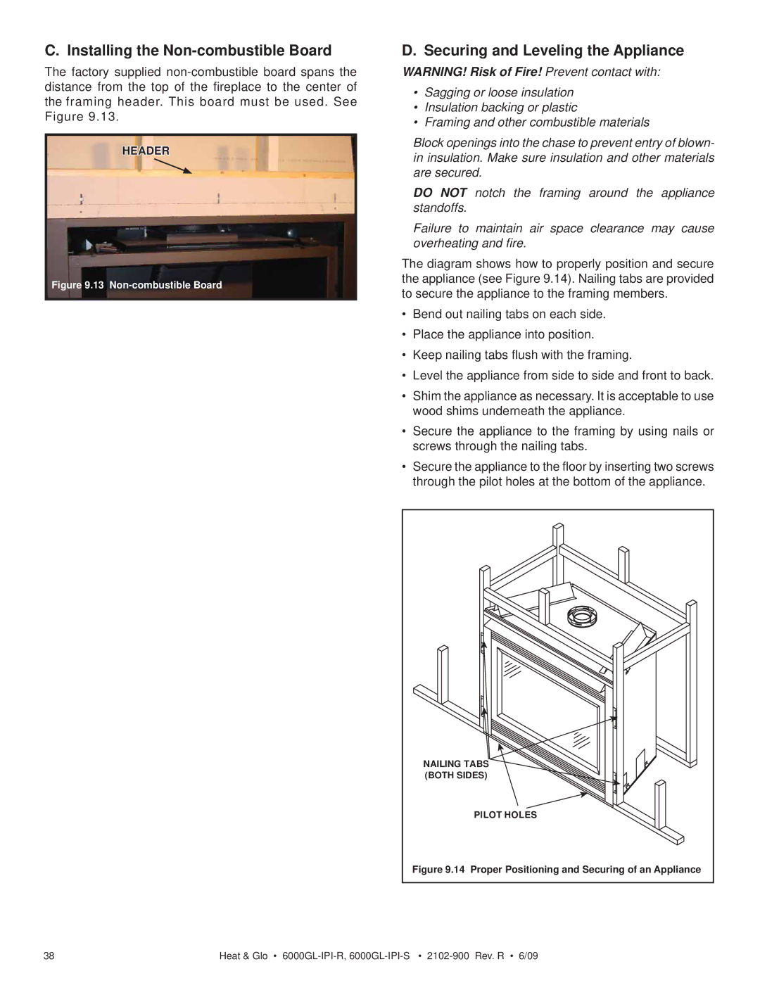 Heat & Glo LifeStyle 6000GL-IPILP-S Installing the Non-combustible Board, Securing and Leveling the Appliance, Header 